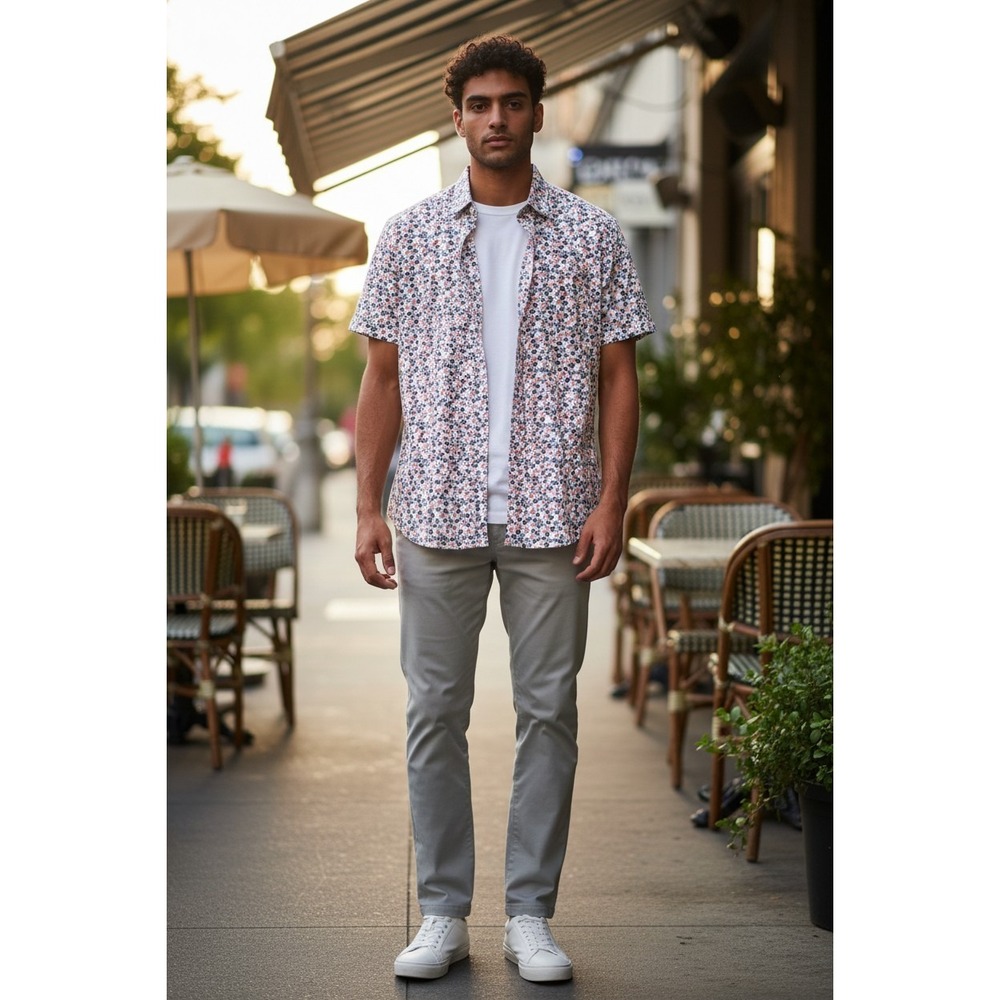 Denim & Flower Ricky Singh Mens Small Slim‎ Fit Floral Short Sleeve Button Down